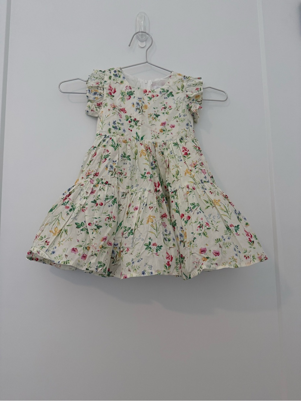 Popatu Cream Floral Ruffle-Sleeve Tiered Dress